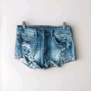 American Eagle Womens Size 4 Blue Denim Jean Shorts Distressed Hi-Rise Festival